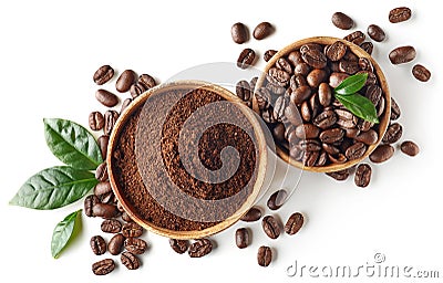 Bowl of ground coffee and beans isolated on white background Stock Photo