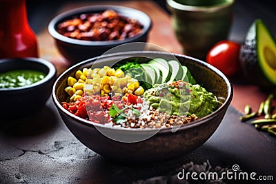 bowl with guacamole, corn, and pinto beans as focus Stock Photo