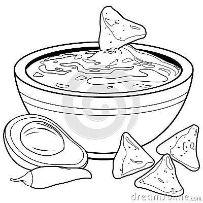 Bowl of avocado guacamole and nachos chips. Mexican guacamole dip sauce food. Vector black and white coloring page. Vector Illustration