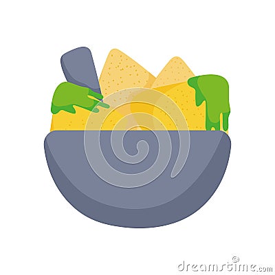 Bowl with guacamole and nachos food tradition mexico icon Vector Illustration