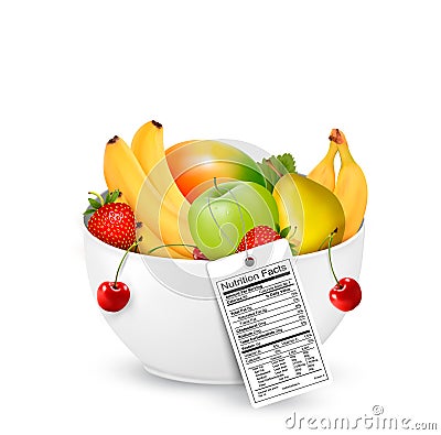 Bowl of healthy fruit with a nutrient label. Vector Illustration