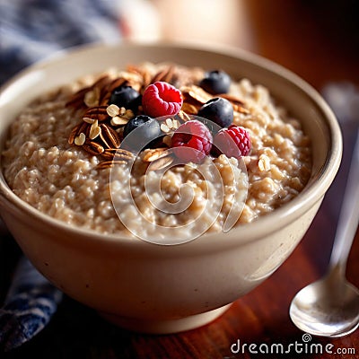 Bowl of healthy oatmeal with berries, nutritious breakfast meal Stock Photo