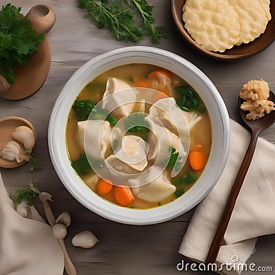 A bowl of hearty chicken and dumpling soup with fluffy dumplings2 Stock Photo