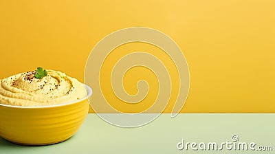 Bowl of hummus with greens and olive oil on plain background, copy space Stock Photo