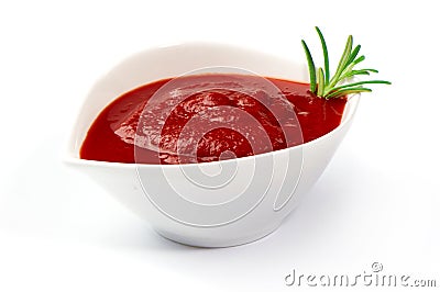 Bowl of ketchup or tomato sauce on white Stock Photo