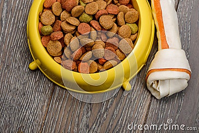 Bowl of kibbles and dog bone Stock Photo