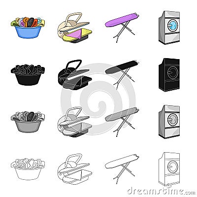 A bowl with laundry, ironing machine, washing machine, ironing board. Washing and cleaning set collection icons in Vector Illustration