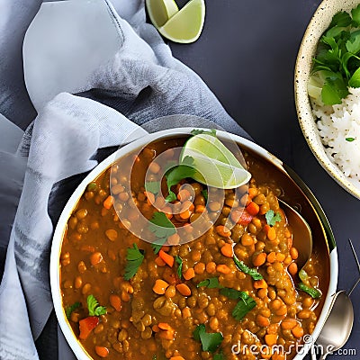 A bowl of lentil and vegetable curry with a side of rice2, Generative AI Stock Photo