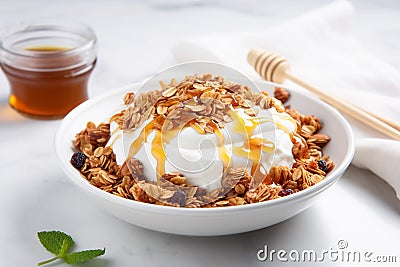 Bowl Luscious White Base, Greek Yogurt Dollop, Honey Drizzle, Granola On White Plate, On Stock Photo