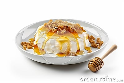 Bowl Luscious White Base, Greek Yogurt Dollop, Honey Drizzle, Granola On White Plate, On Isolated Tr Stock Photo