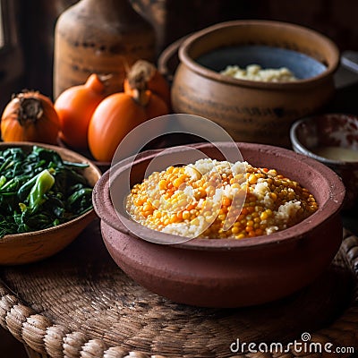 Bowl of Malawi& x27;s Nsima with Traditional Utensils and Vegetables Stock Photo