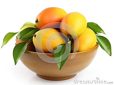 Bowl with mangoes and green leaves Stock Photo