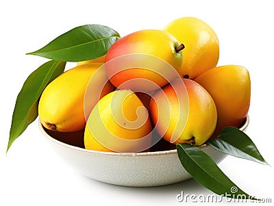 Bowl with mangoes and green leaves Stock Photo