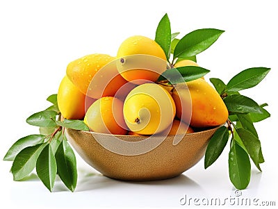 Bowl with mangoes and green leaves Stock Photo