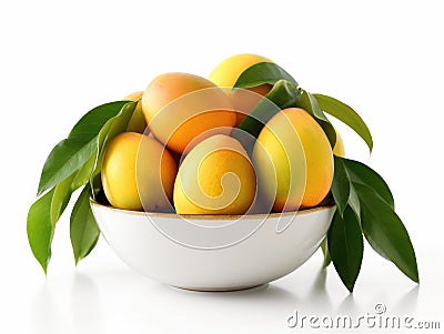 Bowl with mangoes and green leaves Stock Photo