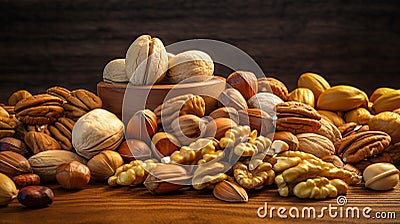 bowl nuts with almonds, walnuts, pecans, peanuts in wooden table nutrition-78 Stock Photo