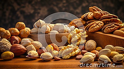 bowl nuts with almonds, walnuts, pecans, peanuts in wooden table nutrition-3 Stock Photo