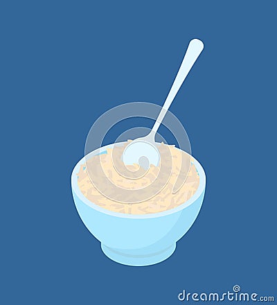 Bowl of Parboiled rice porridge and spoon isolated. Healthy food Vector Illustration