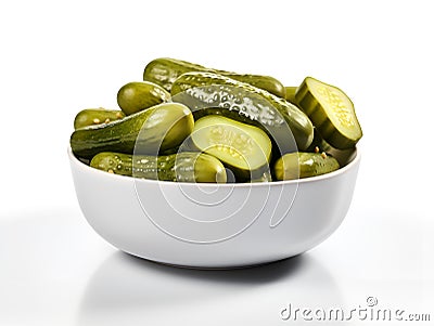 bowl of pickled cucumber white background macro, ai generative Stock Photo