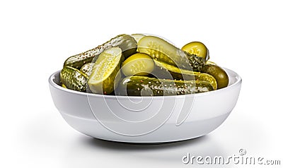 bowl of pickled cucumber white background macro, ai generative Stock Photo