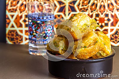 Bowl piled with Baclava, copyspace to left Stock Photo