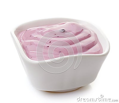 Bowl of pink blueberry yogurt Stock Photo