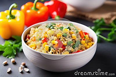 bowl of quinoa with mixed bell peppers and sweet corn Stock Photo