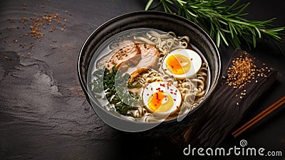 Japanese-inspired Ramen Noodle Soup With Eggs, Cabbage, And Herbs Stock Photo