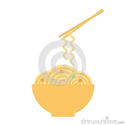 Bowl with ramen noodles. Chopsticks holding noodle. Korean, Japanese, Chinese food. Vector Vector Illustration