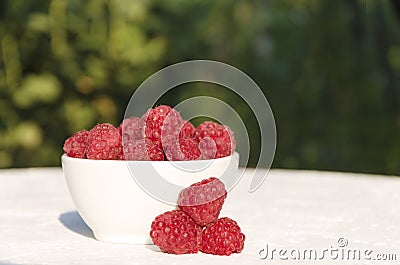 Bowl of rasberries on the white table in the garden.Natural warm light Stock Photo