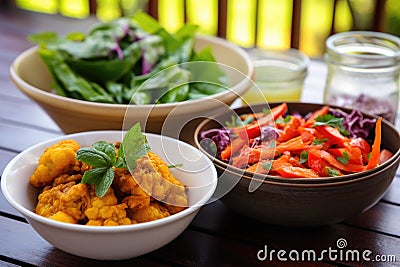 a bowl of raw vegetables next to a plate of fried food Stock Photo