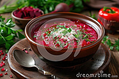 Bowl of red beet root soup borsch Stock Photo