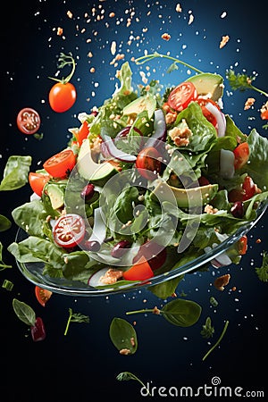 Bowl of salad falling against a dark blue solid background, highlighting the vibrant colors of the ingredients. Salad is a mix of Stock Photo