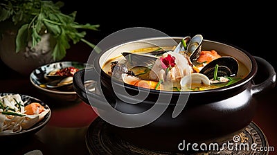a bowl of seafood soup on a table with plates Stock Photo