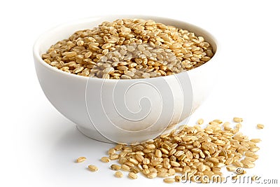 Bowl of short grain brown rice isolated on white. Stock Photo