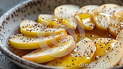 A bowl of sliced apples with honey and pepper on a plate, AI Stock Photo