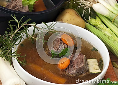 Bowl Soup with beef and ingredient Stock Photo