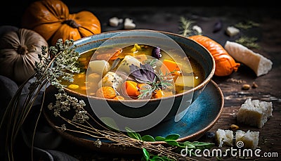 a bowl of soup with carrots, potatoes and herbs on a plate next to a bunch of pumpkins and a bunch o Stock Photo