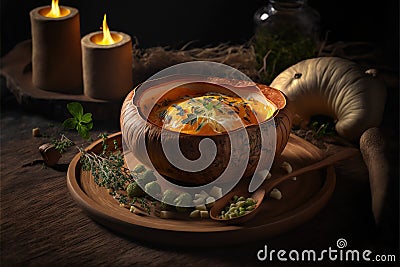 a bowl of soup on a plate with candles and herbs around it on a table with a wooden tray and a candle holder in the background Stock Photo