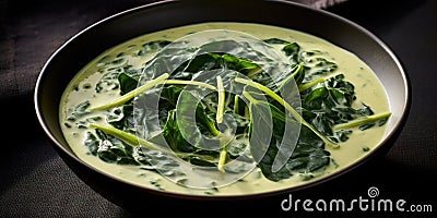 a bowl of soup with spinach Stock Photo