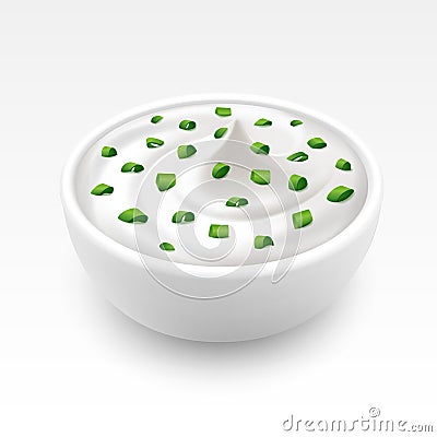 Bowl of Sour Cream Sauce Tartar Mayonnaise with Chopped Green Onion on White Background Vector Illustration