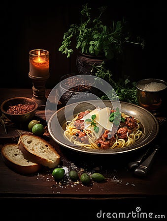 Bowl of spaghetti, fresh bread, and a bunch of herbs illuminated by candlelight. AI-generated. Stock Photo