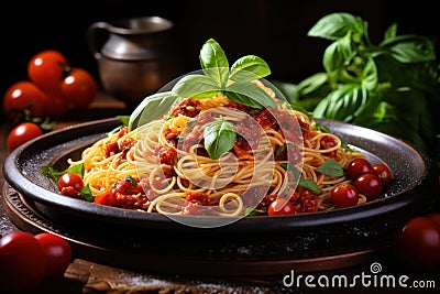 a bowl of spaghetti with tomatoes Stock Photo