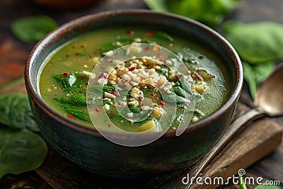 Bowl of spinach soup with chil pods and almonds Stock Photo