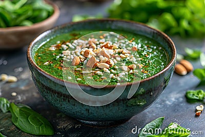Bowl of spinach soup with chil pods and almonds Stock Photo
