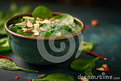 Bowl of spinach soup with chil pods and almonds Stock Photo