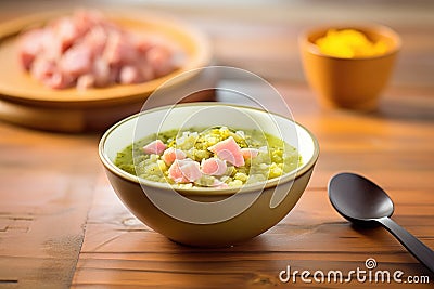 bowl of split pea soup with ham garnish on wooden table Stock Photo