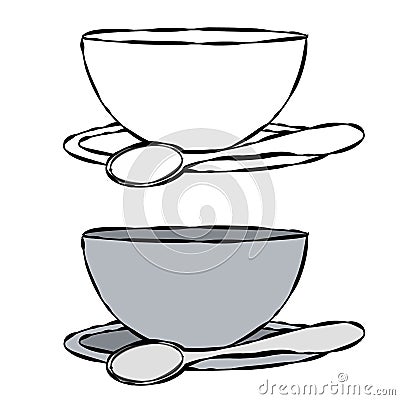 Bowl and Spoon Line Art Cartoon Illustration