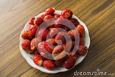 Bowl of strawberries top view Stock Photo