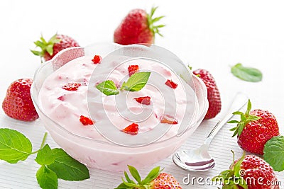 Bowl of strawberry yogurt Stock Photo